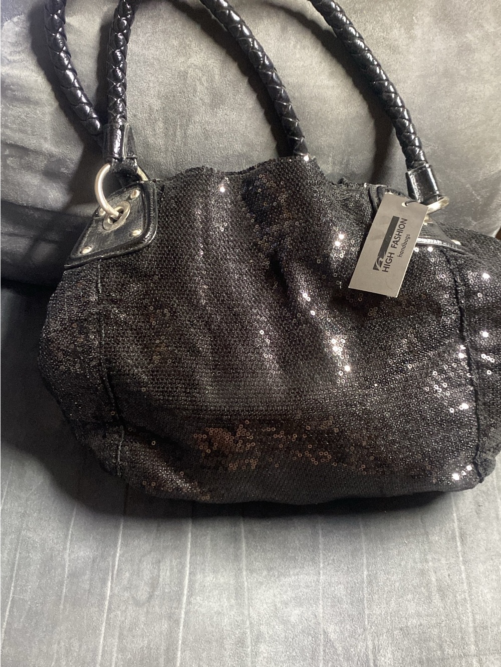 Black Sequin Shoulder Bag with Braided Handles